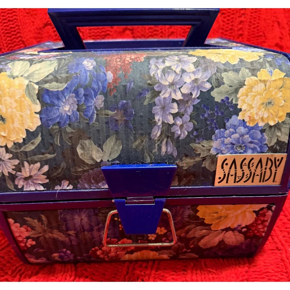 Vintage Sassaby Makeup Organizer Box Floral Navy Blue 90s Vanity Case Mirror